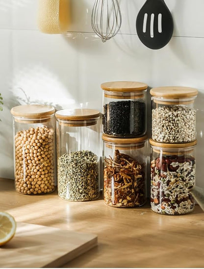 Glass Food Storage Jars, Glass Jars with Bamboo Lids, Kitchen Storage Jars, Canisters with Airtight Lids for Spice, Coffee, Cookie, Set of 5, Pantry Organizers