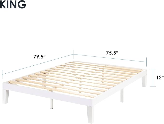 Mellow Naturalista Classic 12 Inch Solid Wood Platform Bed with Wooden Slats, King, White