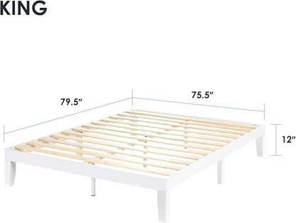 Mellow Naturalista Classic 12 Inch Solid Wood Platform Bed with Wooden Slats, King, White