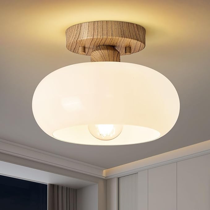 Mid-Century Modern Semi Flush Mount Ceiling Light, Faux Wood Kitchen Ceiling Light Fixture with Glass Shade, Vintage White Close to Ceiling Lamp for Entryway Hallway Bathroom (8.66 Inch)