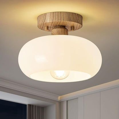 Mid-Century Modern Semi Flush Mount Ceiling Light, Faux Wood Kitchen Ceiling Light Fixture with Glass Shade, Vintage White Close to Ceiling Lamp for Entryway Hallway Bathroom (8.66 Inch)