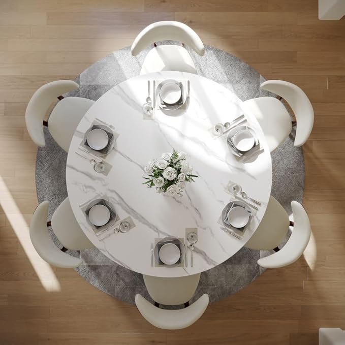 POVISON Round Dining Table for 4-6, 60" Glossy White Sintered Stone Tabletop with Bronze Carbon Steel Pedestal