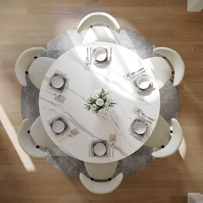 POVISON Round Dining Table for 4-6, 60" Glossy White Sintered Stone Tabletop with Bronze Carbon Steel Pedestal