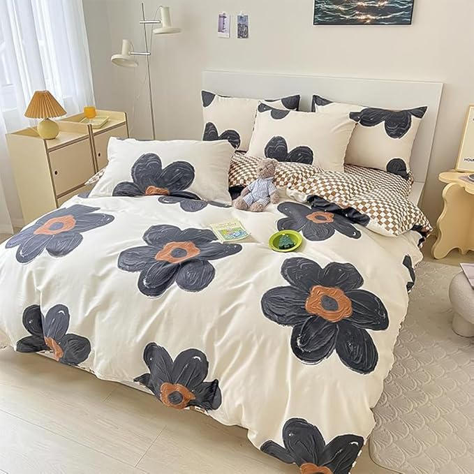 CLOTHKNOW Black Sunflower King Size Comforter Set Floral Bedding Comforter Sets Pumpkin Grid Comforter Boho Comforter with 2 x Pillow Cases