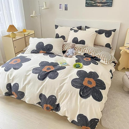 CLOTHKNOW Black Sunflower King Size Comforter Set Floral Bedding Comforter Sets Pumpkin Grid Comforter Boho Comforter with 2 x Pillow Cases