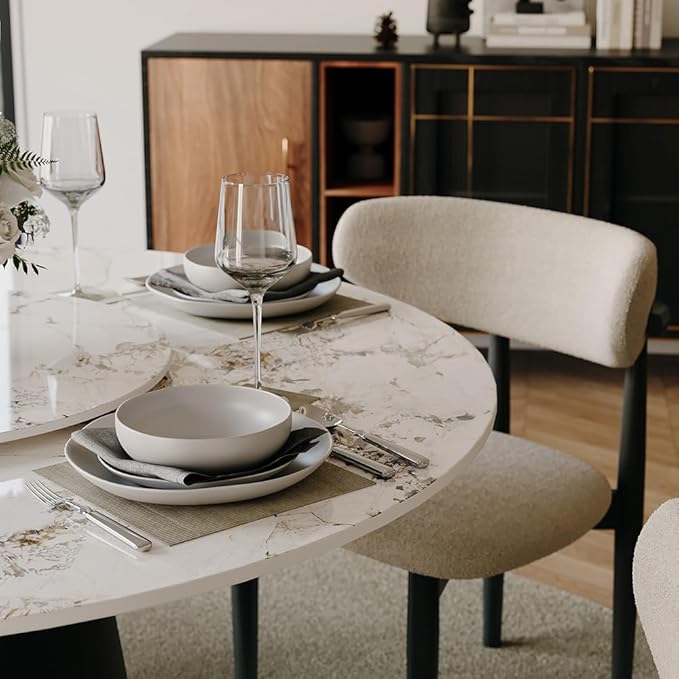 POVISON Round Dining Table for 4, 47" Modern Dining Table with 23" Lazy Susan, Pandora Sintered Stone Dining Tabletop with Black Carbon Steel Pedestal(Dining Table Only)