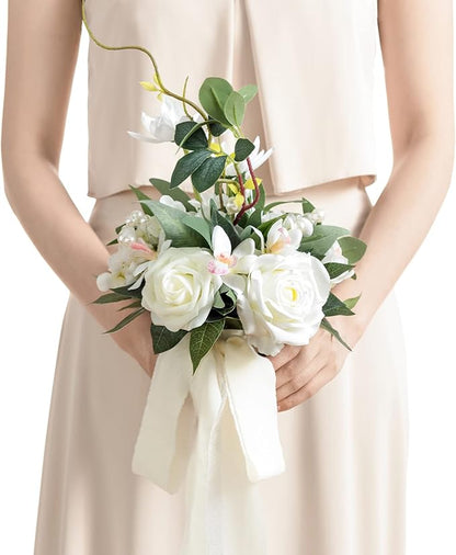 Ling's moment Artificial Flowers White Bridesmaid Bouquet, White & Sage Wedding Flowers Bouquets for Bridesmaids, 7 Inch Bridal Bouquets for Bridesmaids, Wedding, Ceremony, Anniversary, etc
