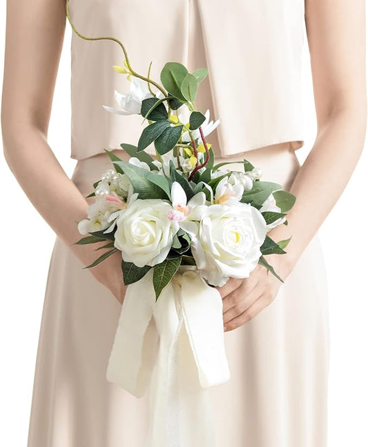 Ling's moment Artificial Flowers White Bridesmaid Bouquet, White & Sage Wedding Flowers Bouquets for Bridesmaids, 7 Inch Bridal Bouquets for Bridesmaids, Wedding, Ceremony, Anniversary, etc