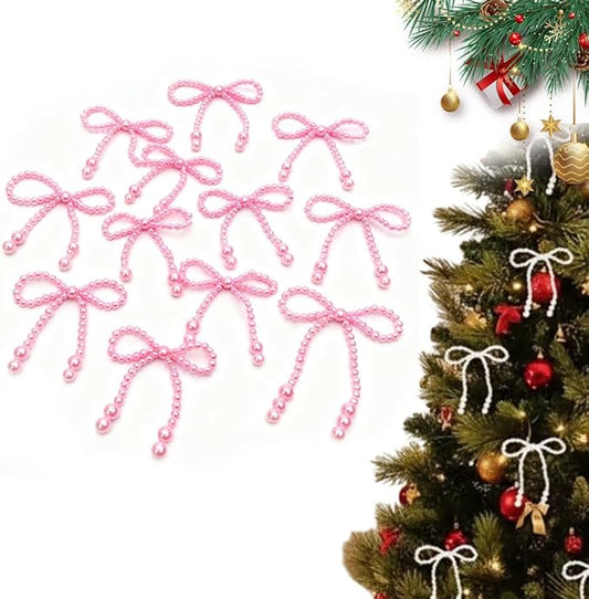 Christmas Bows Ornaments, Champagne Gold Glitter Rhinestone Bow Ornaments with Twist Ties, Sparkly Christmas Tree Bow Topper Decorations for Wreaths, Garland, Gift Wrapping (Pink)