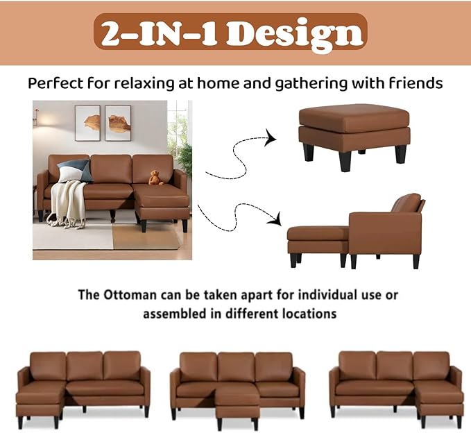 Small Sectional Sofa L Shape Convertible Leather Sleeper Couch with Lounge for Living Room Office Apartment, Brown