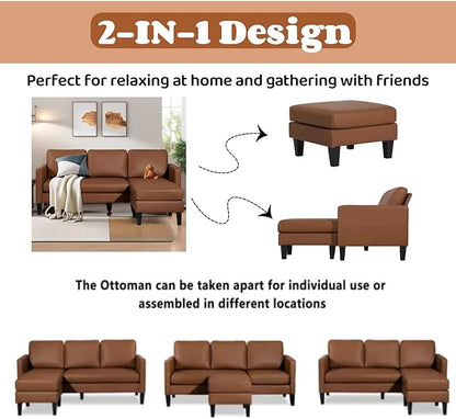 Small Sectional Sofa L Shape Convertible Leather Sleeper Couch with Lounge for Living Room Office Apartment, Brown