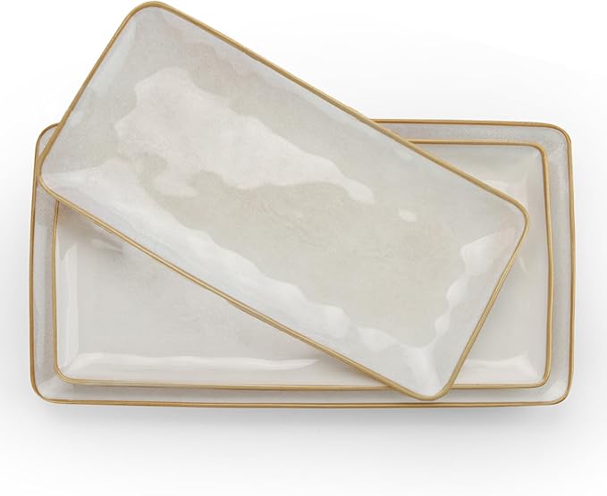 famiware Serving Platter, Rectangular 15.67/14.1/12.6inch Serving Dishes for Entertaining, Microwave Dishwasher Safe, Stoneware for Party, Turkey, Cheese, Ocean Series, Cappuccino White