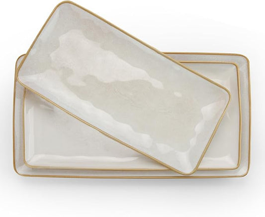 famiware Serving Platter, Rectangular 15.67/14.1/12.6inch Serving Dishes for Entertaining, Microwave Dishwasher Safe, Stoneware for Party, Turkey, Cheese, Ocean Series, Cappuccino White