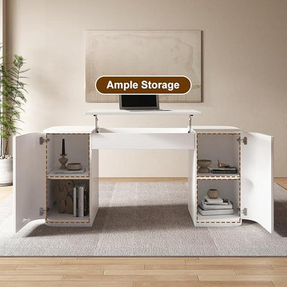 homary Modern 59.8" Standing Desk with Lift-Top & Ample Storage, Fluted Engineered Wood Home Office Desk with 2 Doors, White
