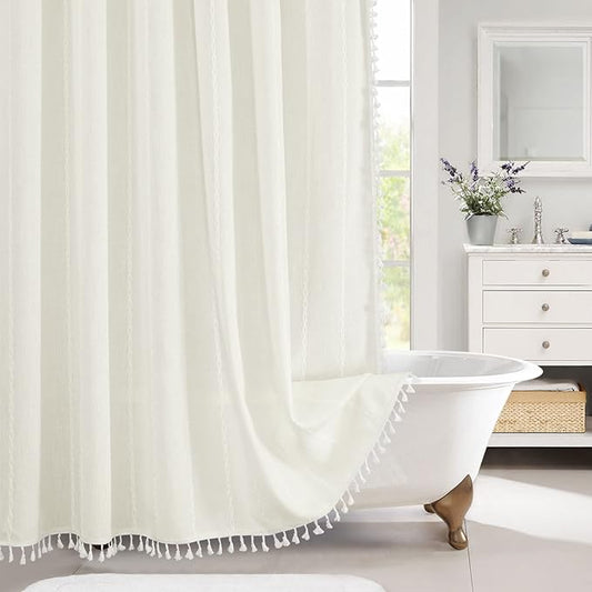 MitoVilla White Shower Curtain 72 x 78, Boho Farmhouse 78 inch Long Polyester Linen Tassel Ultra Thick Heavy Duty Fabric Shower Curtains for Chic Cottagecore French Rustic Bathroom Decor Ivory