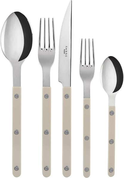 5-Piece Flatware Set - Bistrot Collection - Knife, Fork, Soup Spoon, Teaspoon & Dessert Fork - Stainless Steel & Nylon - Dishwasher Safe - Light Kaki - Brilliant Finish