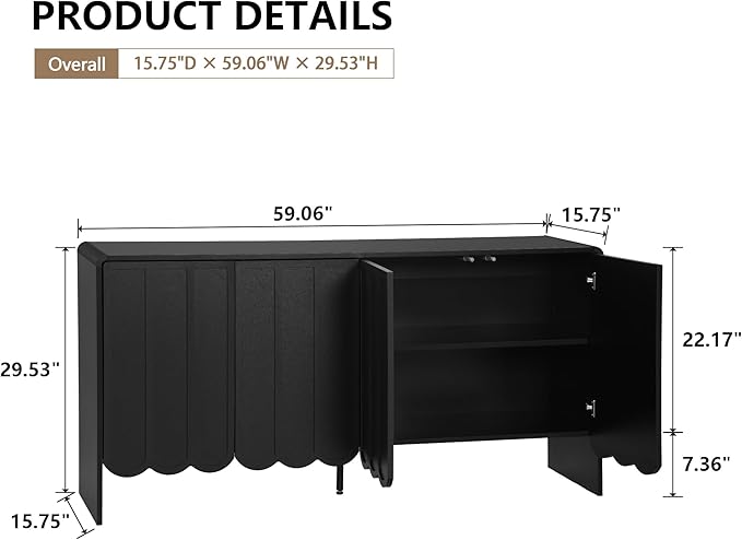 ORRD Sideboard Buffet Cabinet, Accent Storage Cabinets with 4 Doors, Farmhouse Wood Cabinet with Adjustable Shelves and Wave Panel for Living Room, Dining Room, Entry - Black