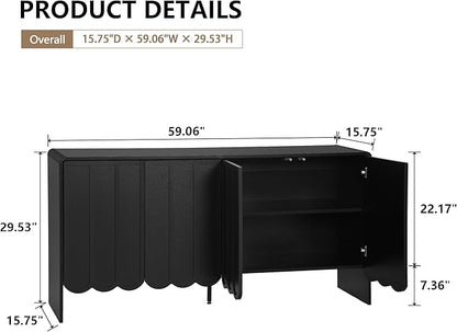 ORRD Sideboard Buffet Cabinet, Accent Storage Cabinets with 4 Doors, Farmhouse Wood Cabinet with Adjustable Shelves and Wave Panel for Living Room, Dining Room, Entry - Black