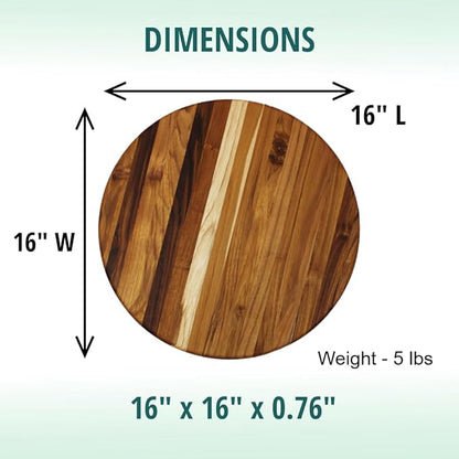 EcoDecors 16" Round Teak Cutting Board, FSC Certified Solid Wood, Edge Grain, XL Carving Board for Kitchen & Brisket