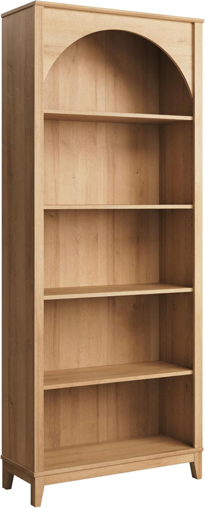 Prepac Ark 78" Tall 5-Tier Arched Bookcase in Natural Oak Veneer, Modern Storage Accent Bookshelf with 3 Adjustable Shelves for Home, Office, Living Room, Bedroom 78”H x 32”W x 13”D