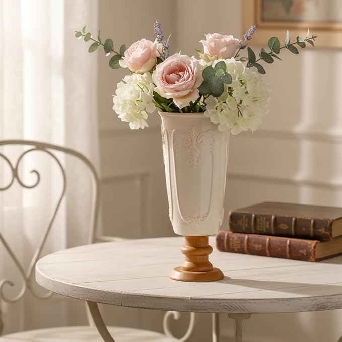 hjn White Ceramic Vase- French Flower Vase for Decor Small Vintage Vases with Wood Base for Table/Living Room/Shelf/Mantel/Office-Height-9.1"-Floral Embossing