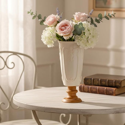 hjn White Ceramic Vase- French Flower Vase for Decor Small Vintage Vases with Wood Base for Table/Living Room/Shelf/Mantel/Office-Height-9.1"-Floral Embossing