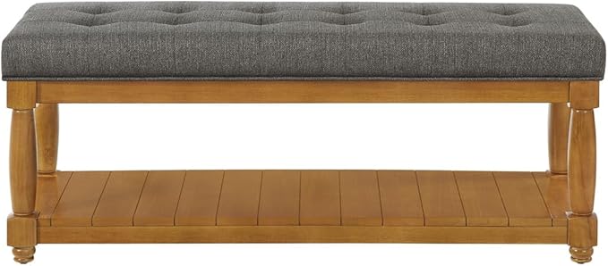 24KF Large Rectangular Upholstered Tufted Bed Bench, Linen Fabric Storage Ottoman Bench for Living Room, Padded Entryway Bench with Solid Wood Shelf,5098-Granite