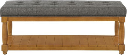 24KF Large Rectangular Upholstered Tufted Bed Bench, Linen Fabric Storage Ottoman Bench for Living Room, Padded Entryway Bench with Solid Wood Shelf,5098-Granite