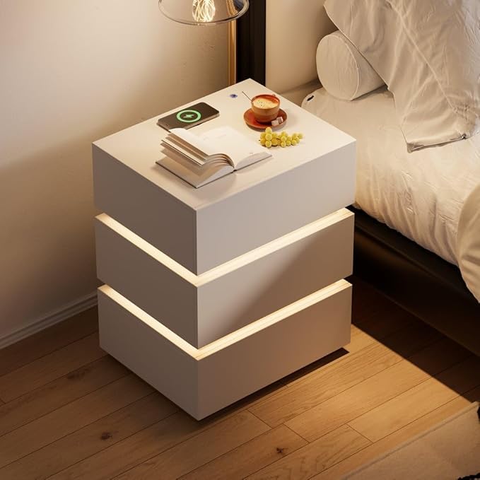 homary Modern Smart Nightstand with Wireless Charging Station, Bedside Table with 3 Drawers, White Night Stand with LED Light
