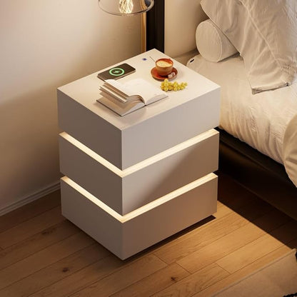 homary Modern Smart Nightstand with Wireless Charging Station, Bedside Table with 3 Drawers, White Night Stand with LED Light