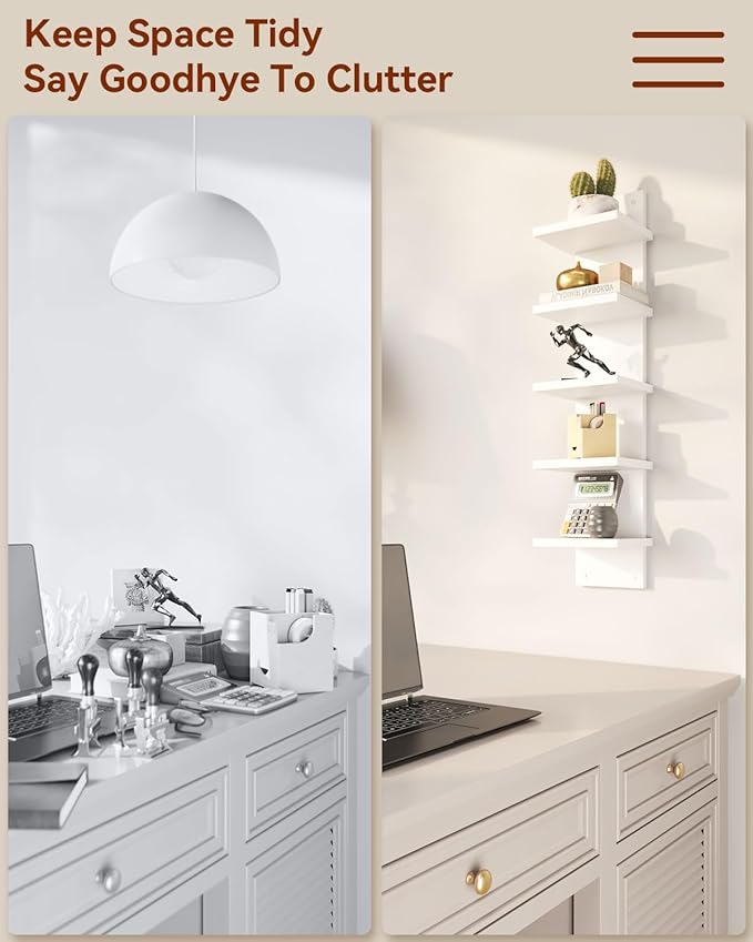 IBUYKE 5 Tier Wall Shelf Unit,White Vertical Shelf,Floating Storage Wall Shelf,Organizer Tall Tower Design Decorative Wall Mount Shelving for Home, Bedroom,Living Room,Office Decor WBC009W