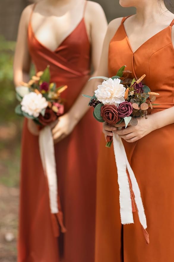 Ling's moment Artificial Flowers Terracotta Bridesmaid Bouquet, Fall Wedding Flowers Bouquets for Bridesmaids, 7 Inch Bridal Bouquets for Bridesmaids, Wedding Decor, Ceremony, Anniversary, etc