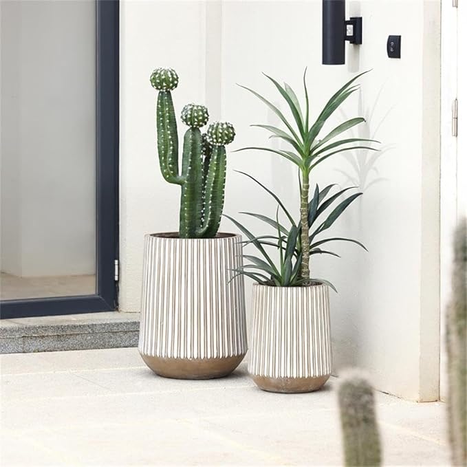 LuxenHome 22" H Tapered Tall Planter, Indoor Outdoor Large Plant Pot with Drainage Hole and Rubber Plug, Modern Striped Flower Pots for Plants, Handmade Concrete Planter Pots for Home Garden Patio