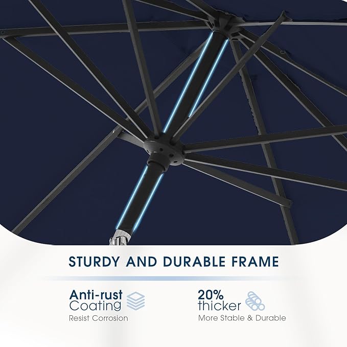 wikiwiki 9FT Patio Umbrellas Outdoor Table Market Umbrella with Push Button Tilt/Crank, 8 Sturdy Ribs, Fade Resistant Waterproof POLYESTER DTY Canopy for Garden, Lawn, Deck,Backyard&Pool,Midnight Blue
