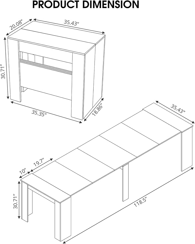 20''- 118.5'' Extendable Dining Room Table, Expandable Dining Table, Modern Large Table, for 2-12 Person, White