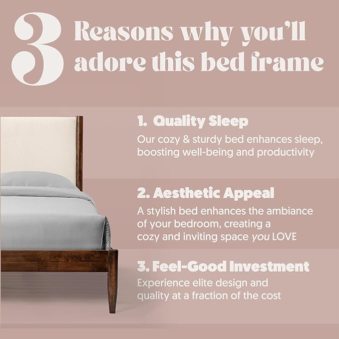 DG Casa Solid Wood Boucle Mid-Century Modern Full Size Wooden Platform Bed Frame - Upholstered in Cream Boucle - Walnut Finish