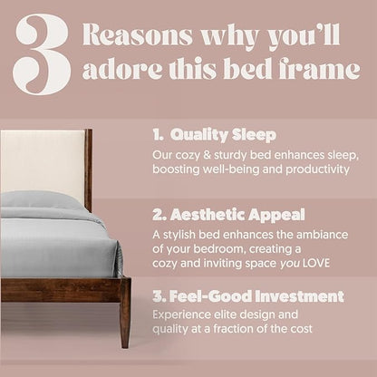 DG Casa Solid Wood Boucle Mid-Century Modern Full Size Wooden Platform Bed Frame - Upholstered in Cream Boucle - Walnut Finish