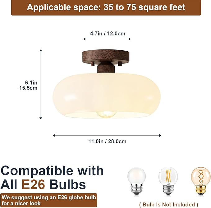 Mid-Century Modern Semi Flush Mount Ceiling Light, Faux Walnut Wood Kitchen Light Fixtures with Glass Shade, Vintage White Close to Ceiling Lamp for Entryway Hallway Bathroom (11.0 Inch)