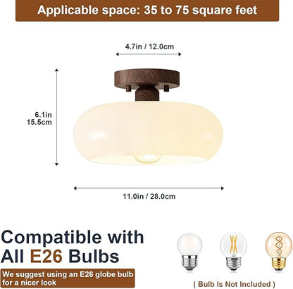 Mid-Century Modern Semi Flush Mount Ceiling Light, Faux Walnut Wood Kitchen Light Fixtures with Glass Shade, Vintage White Close to Ceiling Lamp for Entryway Hallway Bathroom (11.0 Inch)