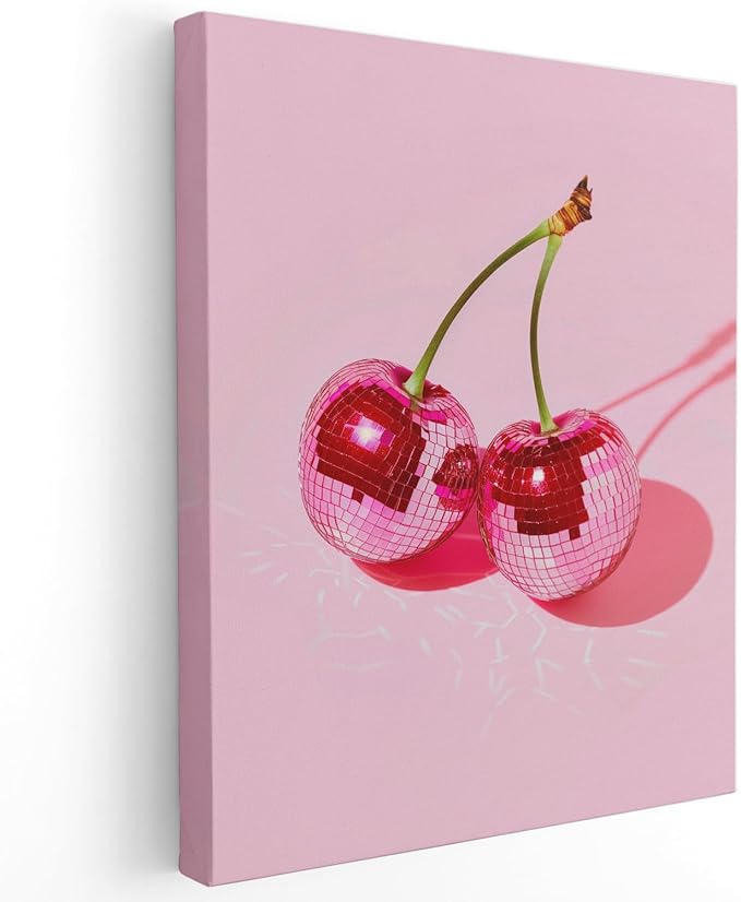 APJYM Trendy Hot Pink Disco Ball Cherry Wall Art, Preppy Room Decor, Y2K Room Decor, Funky Y2K Aesthetic Wall Art for Girls Bedroom Dorm Apartment, 11x14 Inches Frame