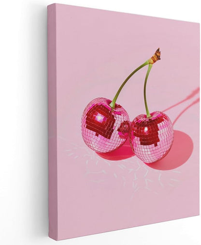 APJYM Trendy Hot Pink Disco Ball Cherry Wall Art, Preppy Room Decor, Y2K Room Decor, Funky Y2K Aesthetic Wall Art for Girls Bedroom Dorm Apartment, 11x14 Inches Frame