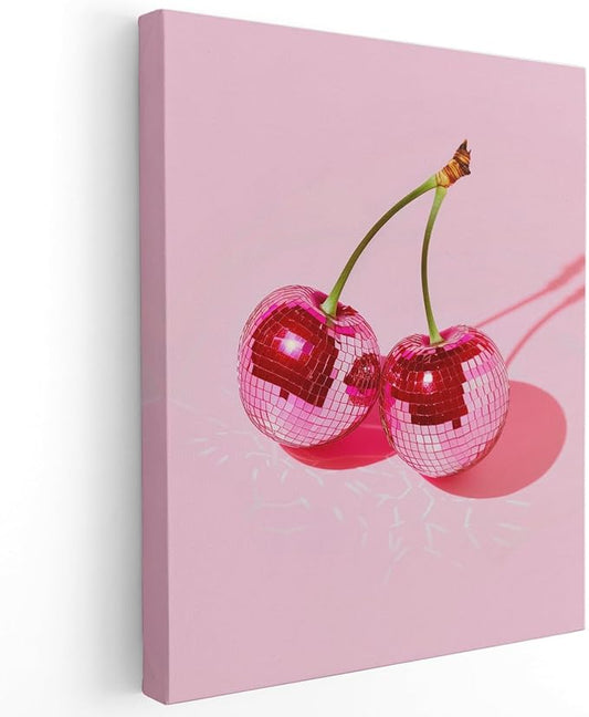 APJYM Trendy Hot Pink Disco Ball Cherry Wall Art, Preppy Room Decor, Y2K Room Decor, Funky Y2K Aesthetic Wall Art for Girls Bedroom Dorm Apartment, 11x14 Inches Frame