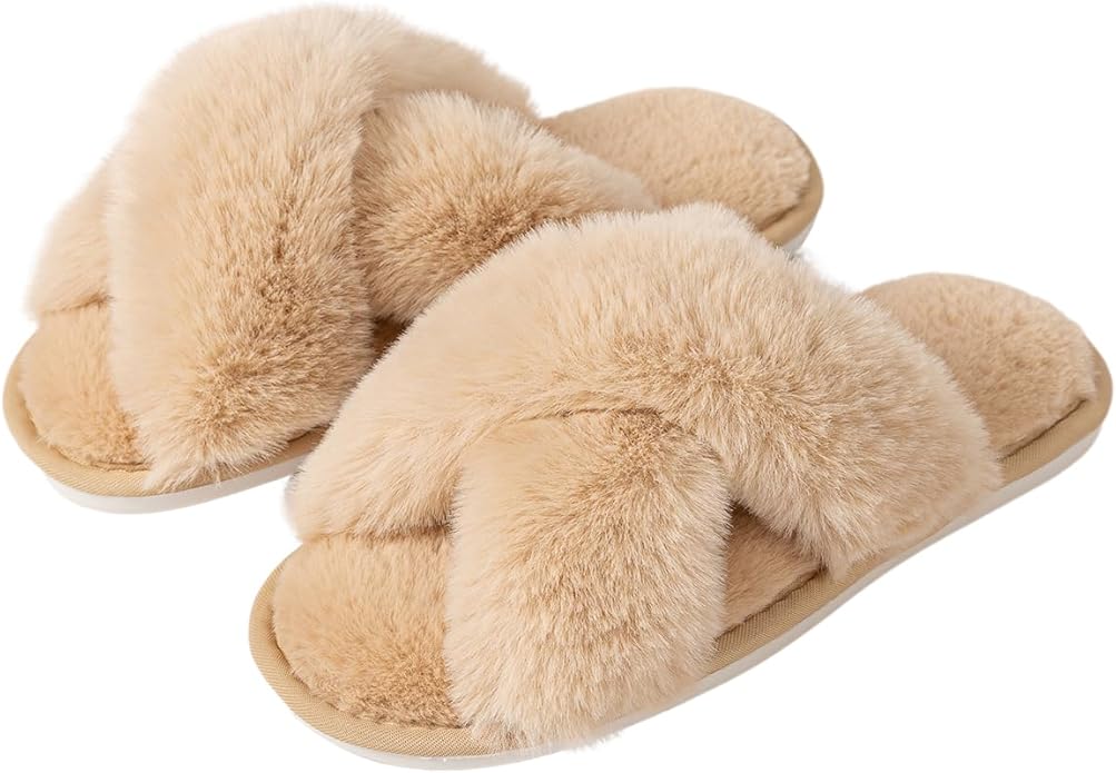 Women's Slipper Memory Foam Cross Band Fuzzy Slippers Open Toe Cozy House Slippers Cozy Plush Bedroom Indoor Outdoor