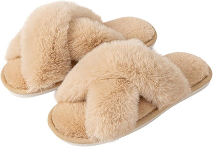 Women's Slipper Memory Foam Cross Band Fuzzy Slippers Open Toe Cozy House Slippers Cozy Plush Bedroom Indoor Outdoor