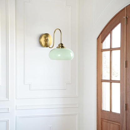KCO Lighting Mid Century Modern Wall Sconce Vintage 1-Light Green Glass Wall Sconce Antique Brass Wall Light Fixture Brushed Gold Bathroom Vanity Light Hallway Sconces Wall Lighting