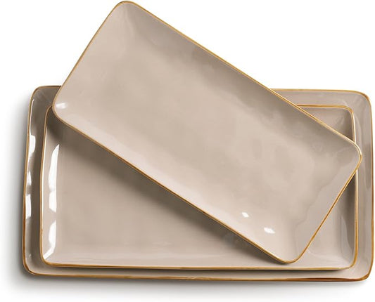 famiware Serving Platter, Rectangular 15.67/14.1/12.6 inch Serving Dishes for Entertaining, Microwave Dishwasher Safe, Stonware for Party, Turkey, Cheese, Ocean Series, Cinnamon Brown