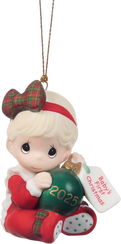 Precious Moments Baby’s First Christmas 2025 Dated Girl Bisque Porcelain Ornament – Green “2025” Ball Keepsake – 251005