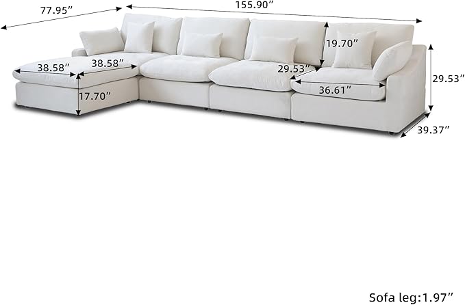 Cloud Couch Modular Sectional Sofa,156" L Shaped Couch, Oversized Down Filled Convertible Wide Seater,4 Seater with Ottoman for Living Room Set, Covers Washable&Replaceable,White