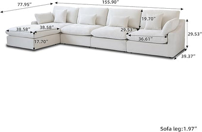 Cloud Couch Modular Sectional Sofa,156" L Shaped Couch, Oversized Down Filled Convertible Wide Seater,4 Seater with Ottoman for Living Room Set, Covers Washable&Replaceable,White