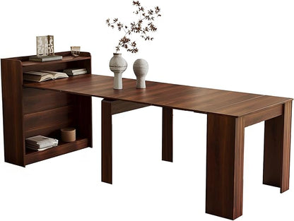 21''- 98.43'' Extendable Dining Room Table, Expandable Dining Table, Modern Large Table, for 2-9 Person(with Shelf), Walnut Brown